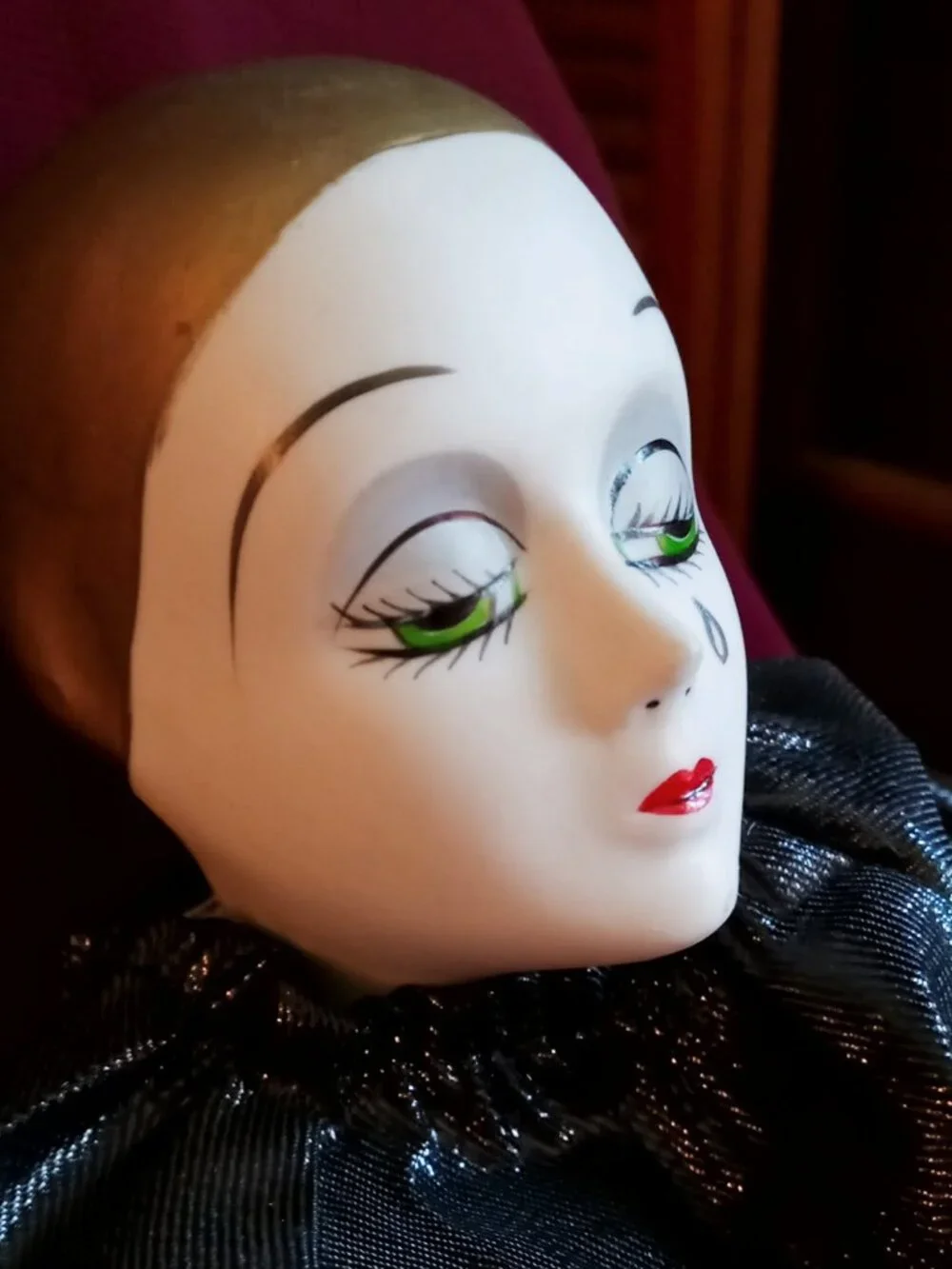 Stunning Vintage Pierrot Porcelain Clown Doll Black Silver Costume Teardrop Face